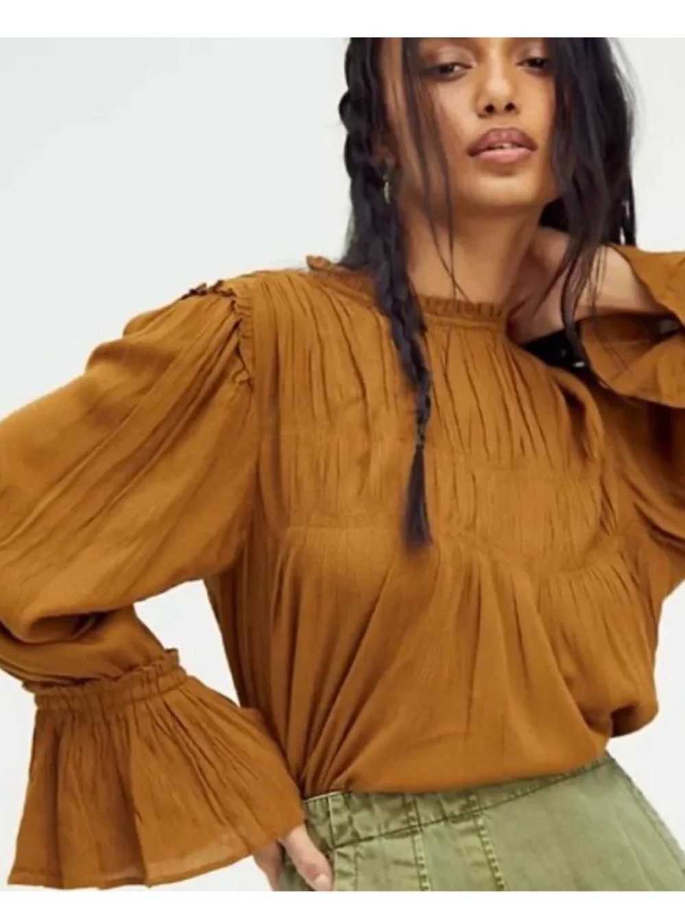 Free People Kelsey Woven Top XS Peasant Blouse Bell Ruffle Sleeves